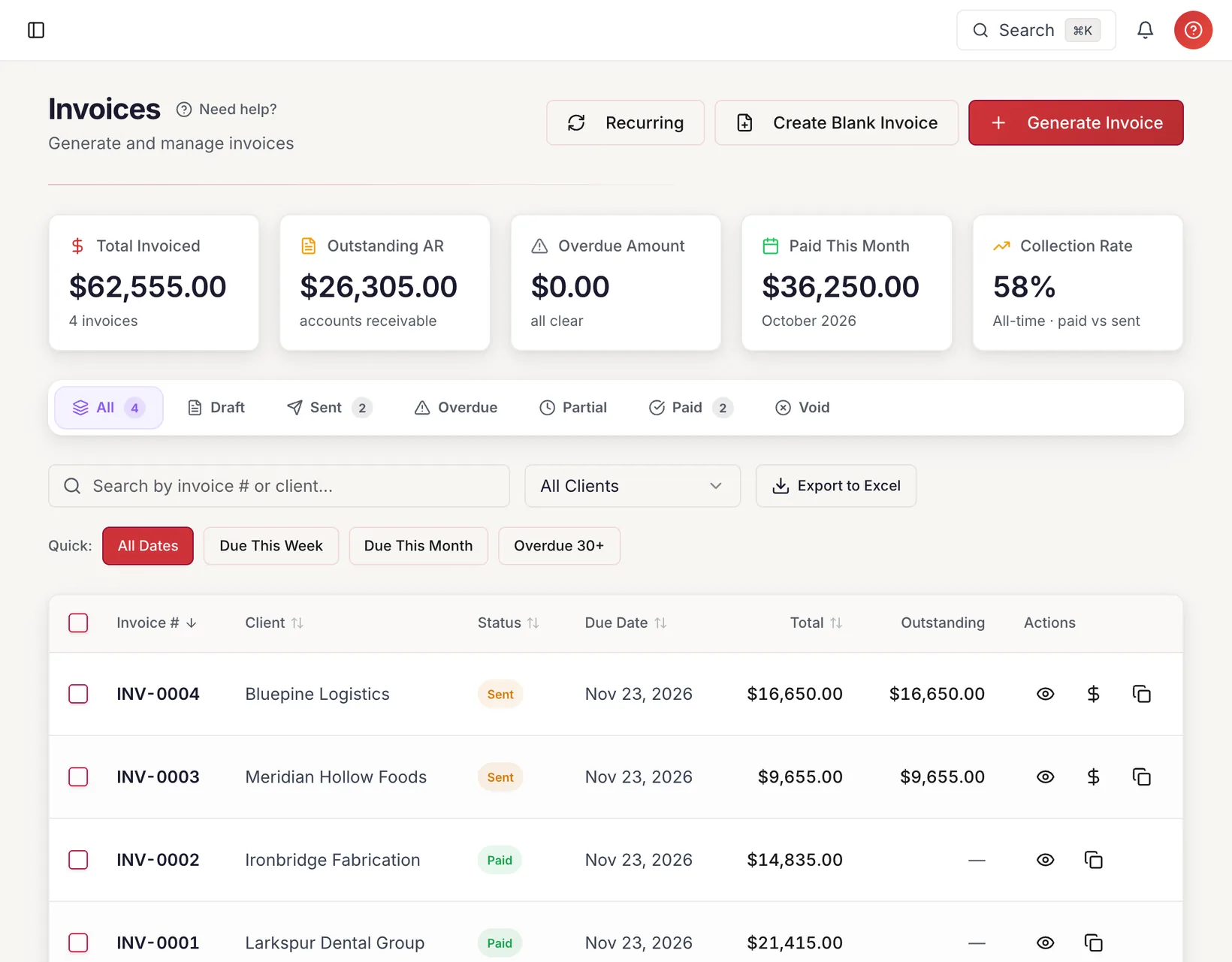 The Invoices page: $62,555 invoiced, $26,305 outstanding and $36,250 paid this month, with sent and paid invoices by client.