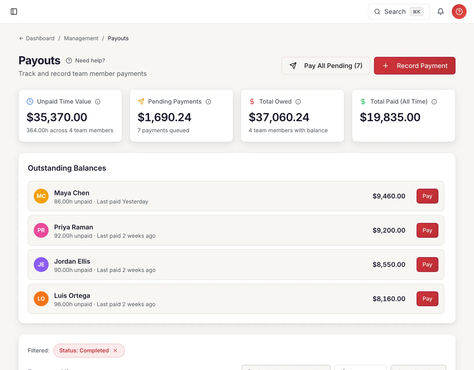 The Payouts page: unpaid time value and the balance owed to each team member, with a Pay button per person.